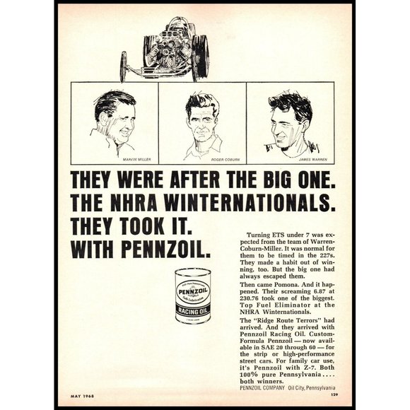 1968 Pennzoil Racing Oil NHRA Winternationals Vintage Print Ad Pomona Wall Art - Picture 1 of 1